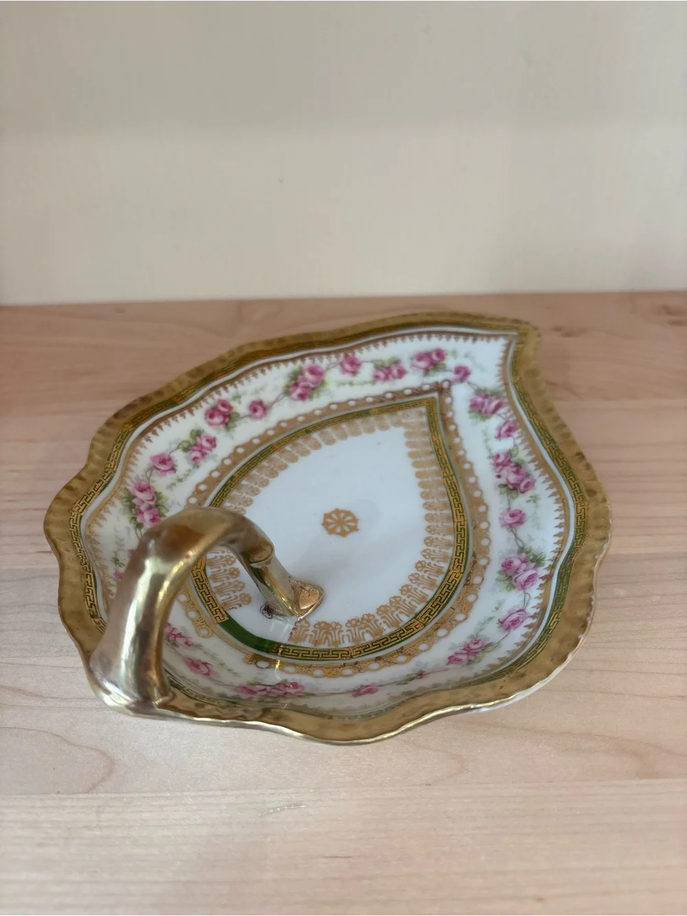 Antique Heinrich & Co Bavarian Porcelain Leaf Dish Gold Gilt Rose Trinket Tray